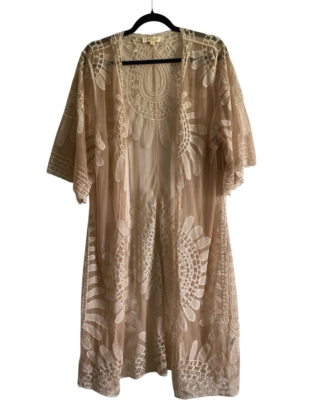 Rebellion Lace Embroidered Kimono Duster Large Boho Sheer Mesh Cardigan
